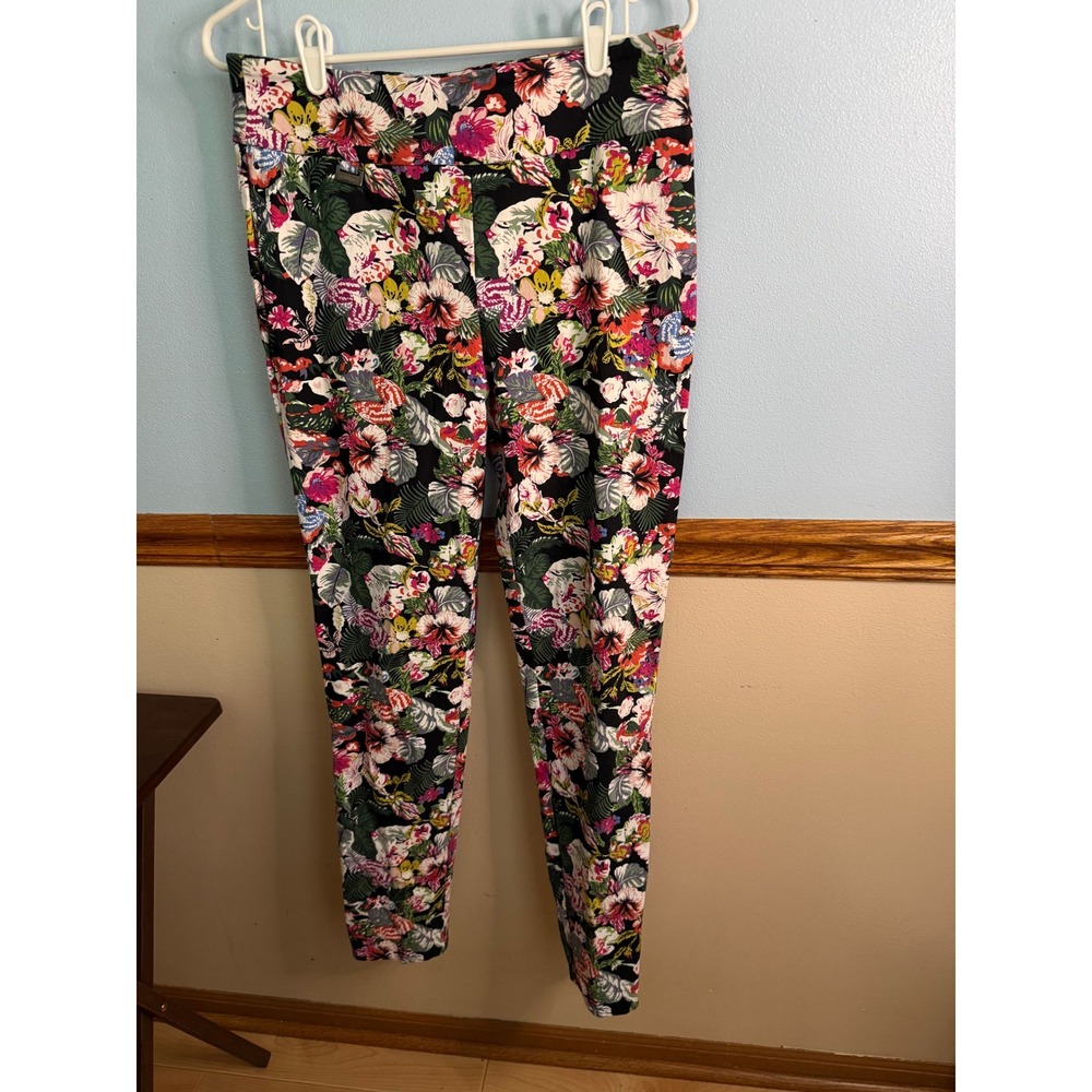 Peck & Peck Womens Floral Tropical Print Pull On Stretch Pants Black Size 8